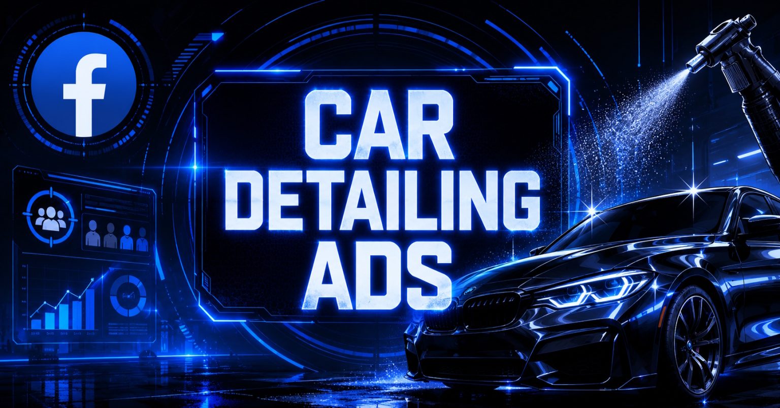 Blue digital banner reading "Car Detailing Ads" with a Facebook icon, analytics dashboard, and a glossy black car.