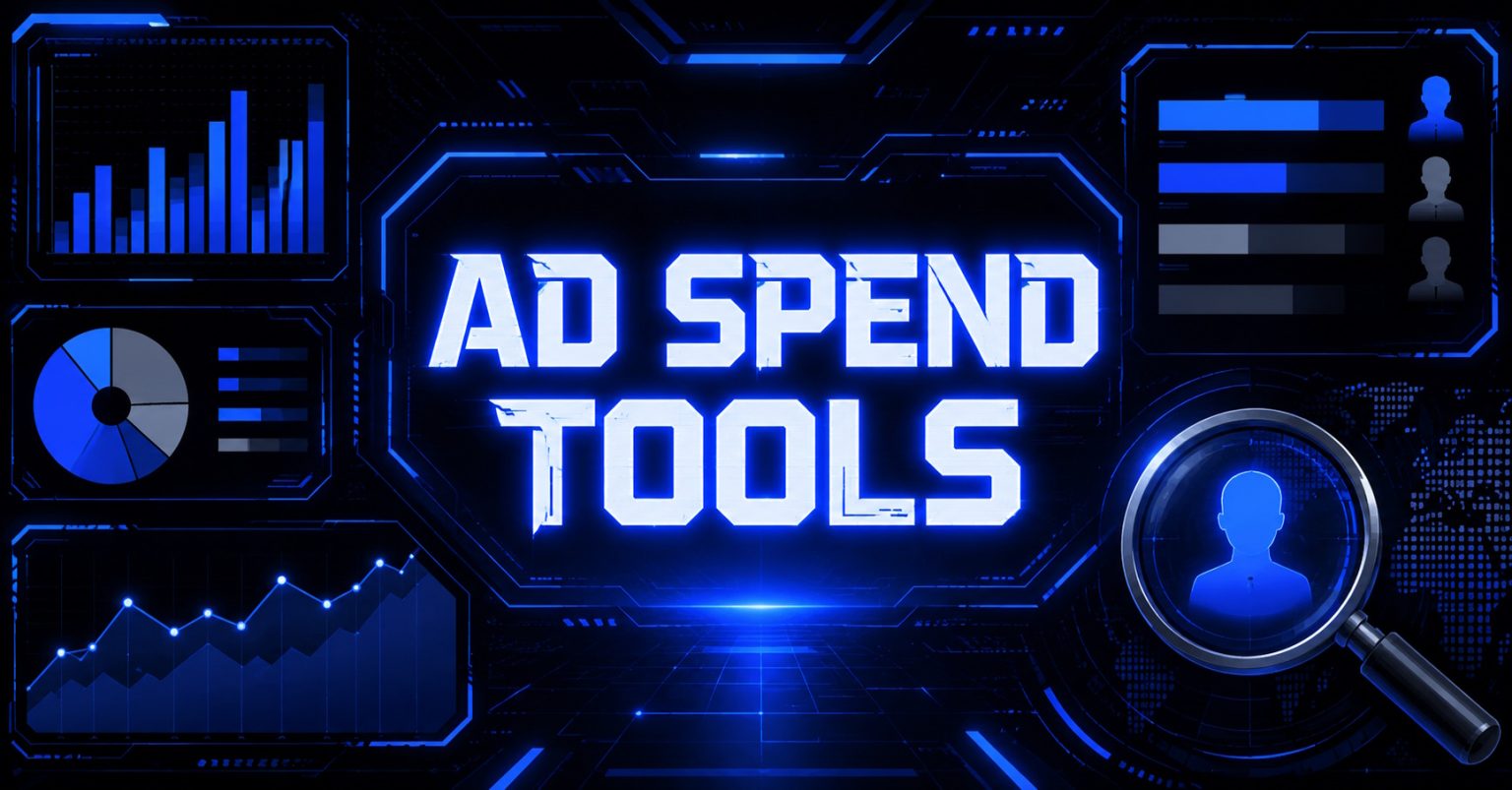 Blue digital dashboard graphic with charts, user profiles, and bold "Ad Spend Tools" text.