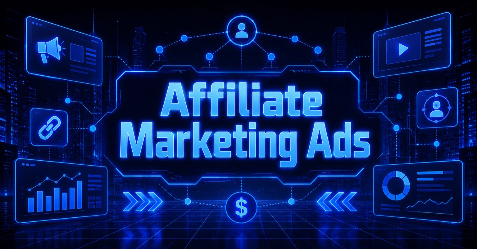 Blue neon-themed graphic reading "Affiliate Marketing Ads" surrounded by icons for analytics, links, and video.