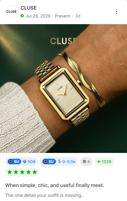 CLUSE product-first ad showing a gold rectangular watch on a woman's wrist with the tagline.