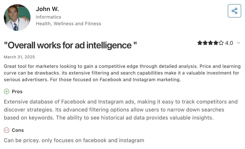 Capterra review of AdSpy rated 4.0 out of 5, praising its Facebook and Instagram ad database and filtering, with price and platform coverage as cons.