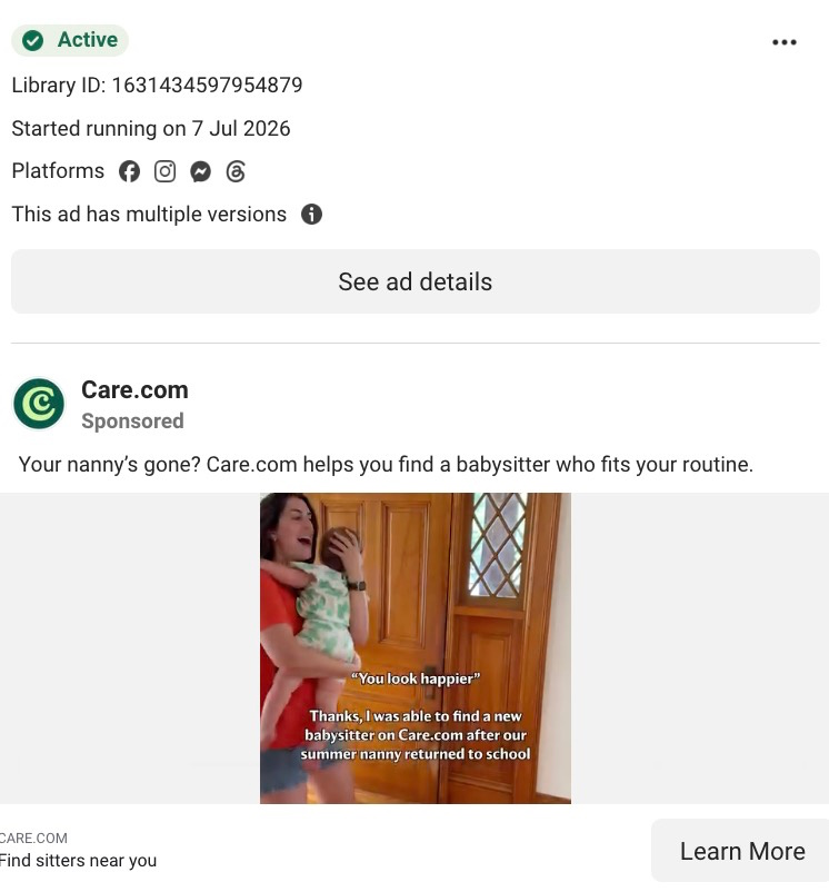 Care.com sponsored Meta ad showing a mom holding a child with text about finding a new babysitter.