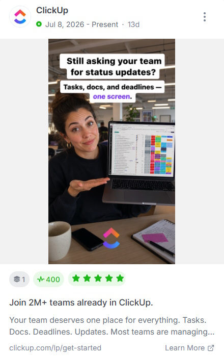 ClickUp ad showing a woman gesturing to a laptop, with a headline about chasing team status updates.