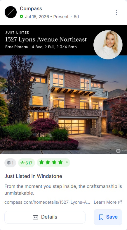 Compass Just Listed ad showing a modern three-story home at dusk.