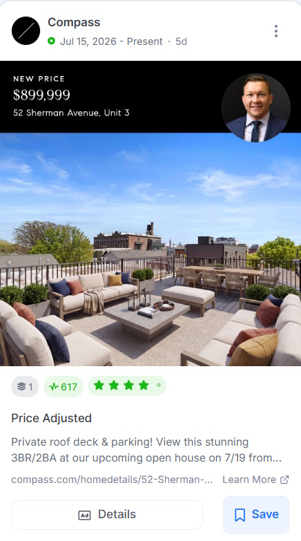 Compass Price Adjusted ad showing a furnished rooftop deck, listing a 3BR/2BA at $899,999.