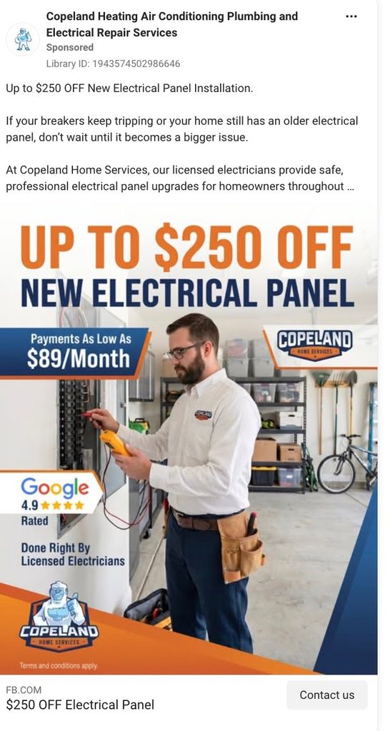 Copeland Home Services Facebook ad showing a licensed electrician holding a multimeter near an electrical panel.