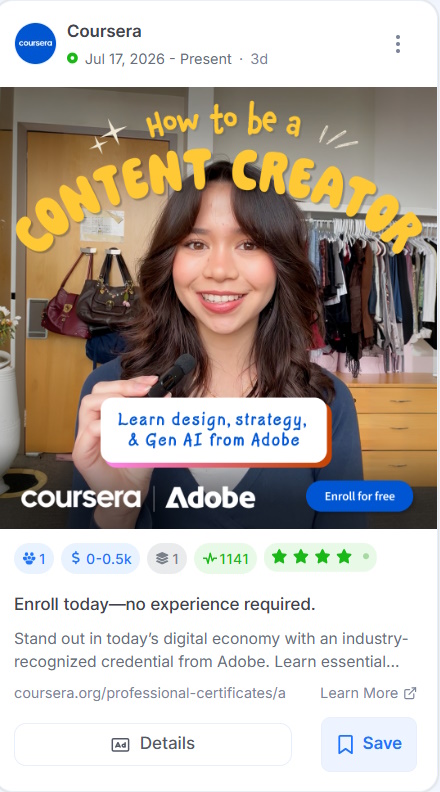 Coursera UGC-style ad showing a young woman with a text reading "How to be a Content Creator" and an "Enroll for free" button.