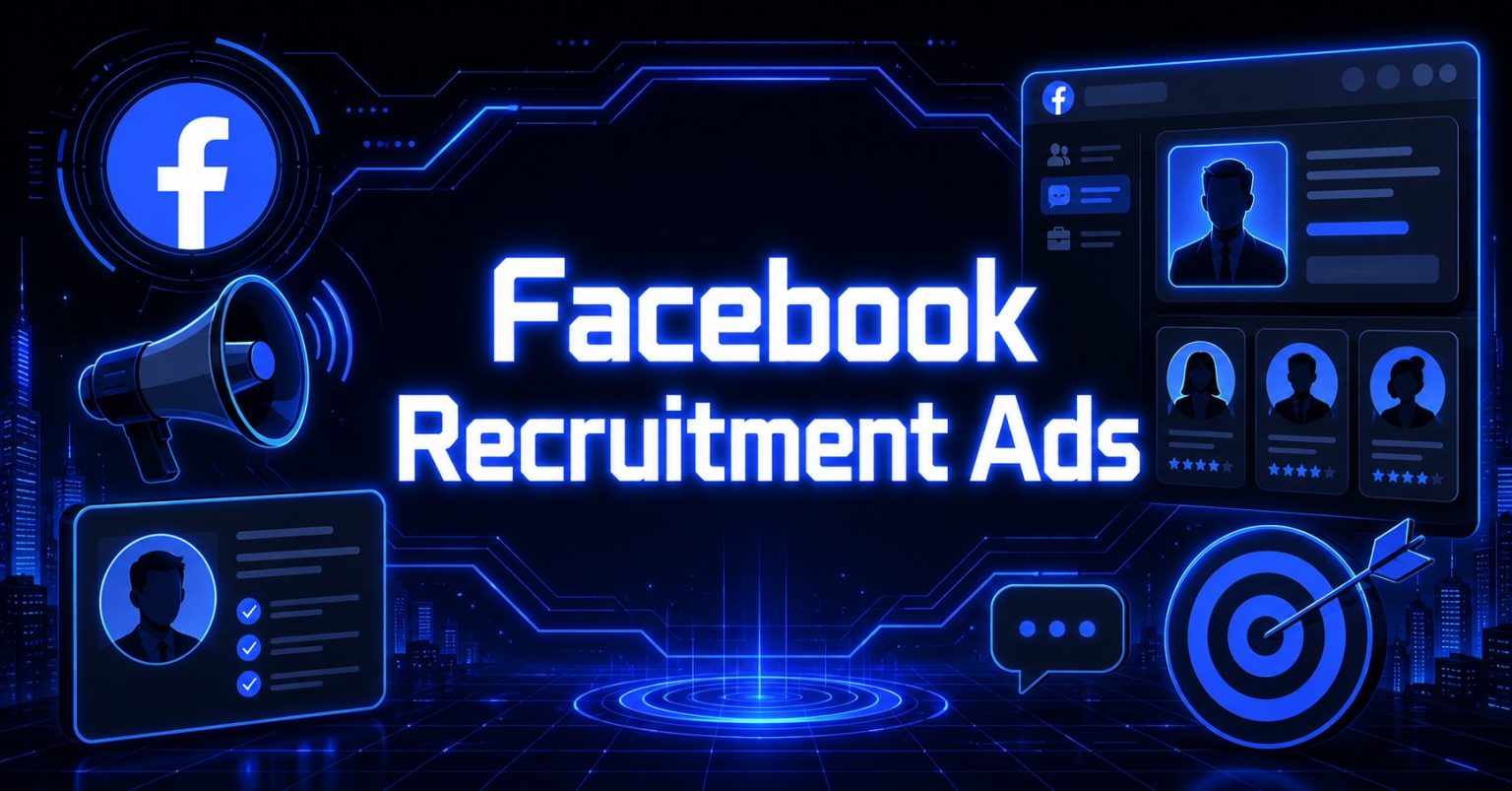 Dark blue digital banner reading "Facebook Recruitment Ads" with profile cards, megaphone, and target icons.