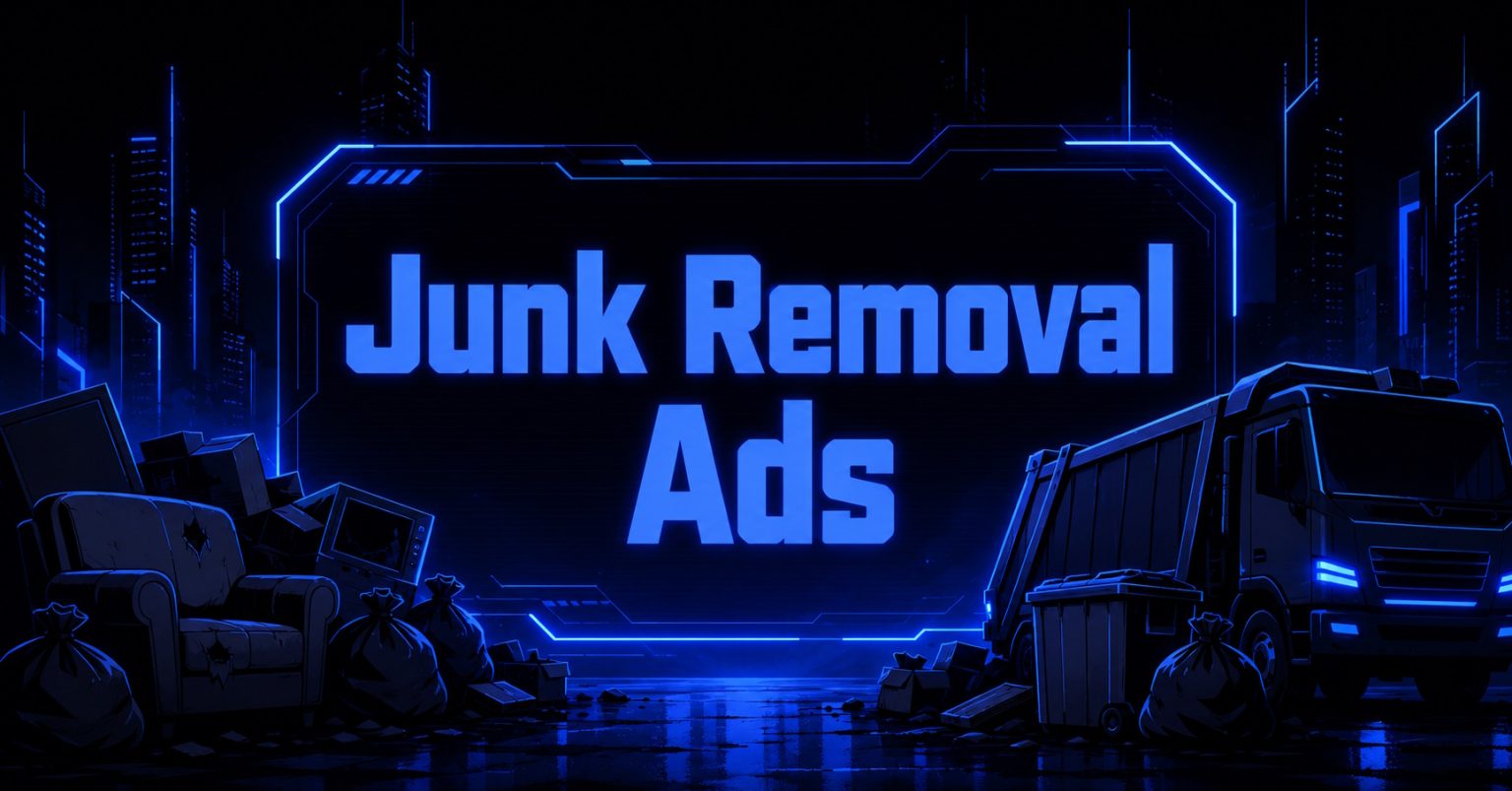 Dark neon-blue illustration with "Junk Removal Ads" text.