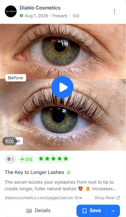 Diablo Cosmetics before-and-after Meta ad for a lash growth serum.