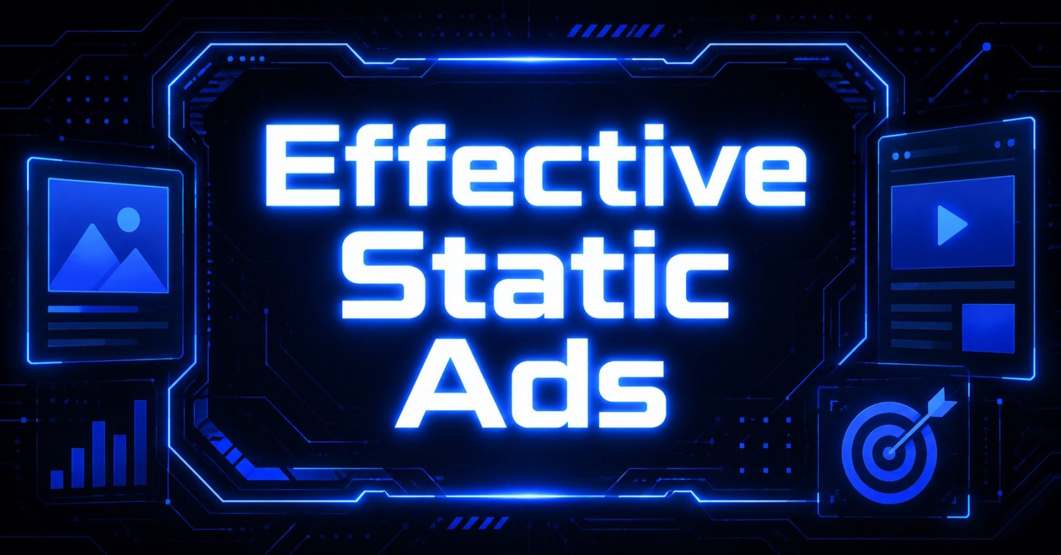 Effective Static Ads title in glowing blue text on a dark tech background.