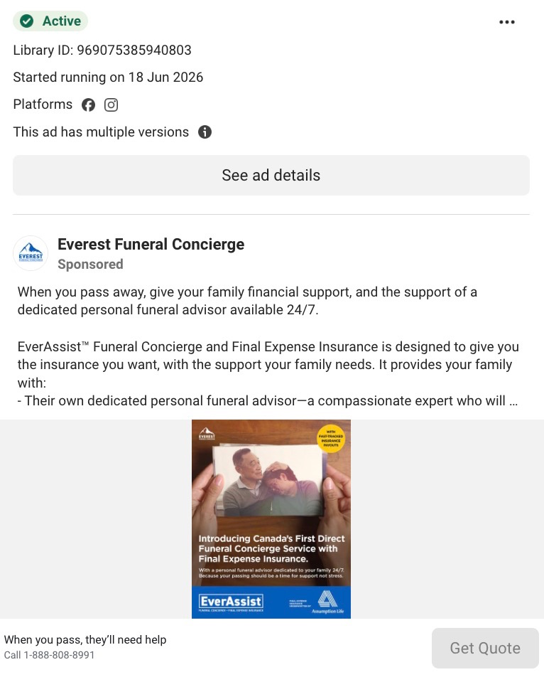 Everest Funeral Concierge sponsored Meta ad introducing EverAssist funeral concierge service with final expense insurance. 