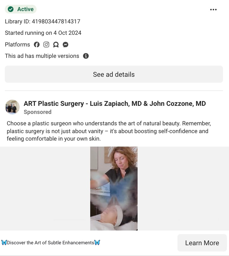 Facebook Ad Library screenshot showing an active ART Plastic Surgery sponsored ad with a provider treating a patient. 