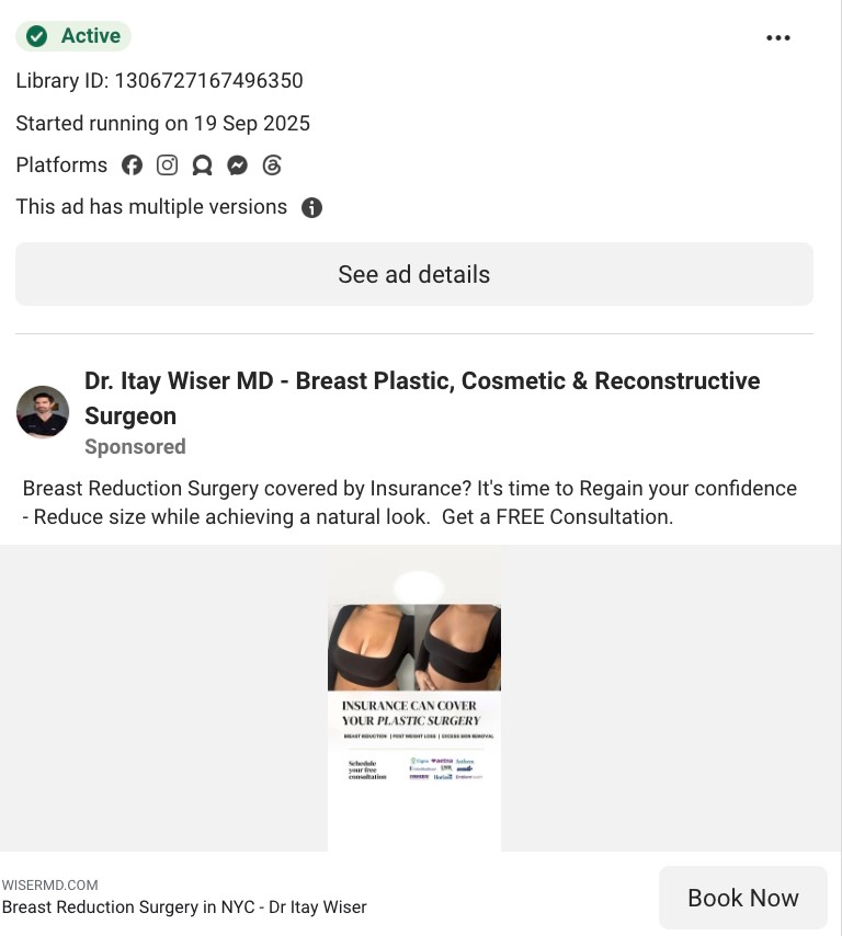 Facebook Ad Library screenshot showing an active Dr. Itay Wiser Breast reduction surgery ad. 