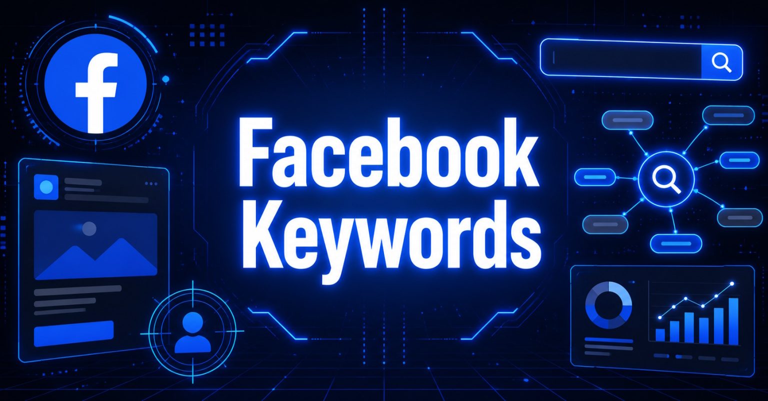Facebook Keywords graphic with Facebook logo, search bar, user targeting icon, and analytics charts.