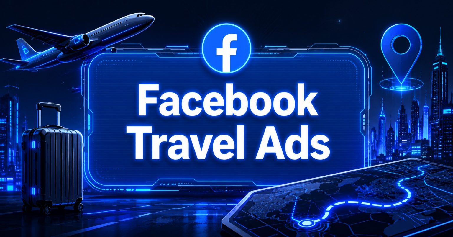 Facebook Travel Ads banner graphic with a suitcase, airplane, location pin, digital map, and city skyline.