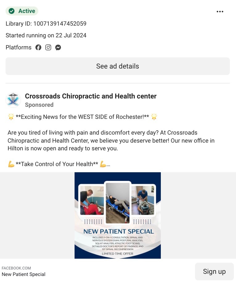 Facebook ad from Crossroads Chiropractic showing a new patient special with photos of chiropractic treatments.