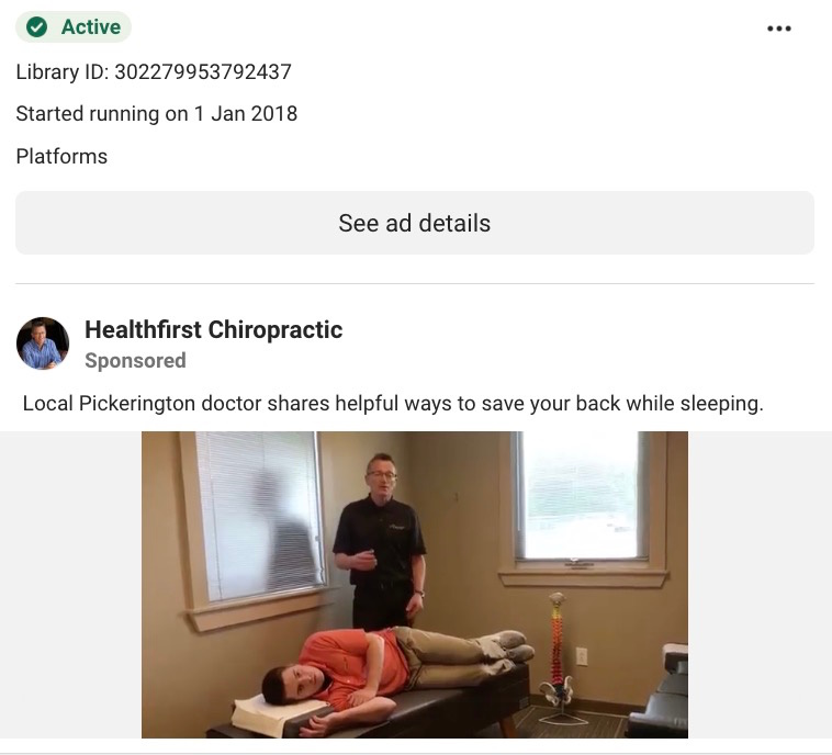Facebook ad from Healthfirst Chiropractic showing a chiropractor standing beside a patient lying on a treatment table.