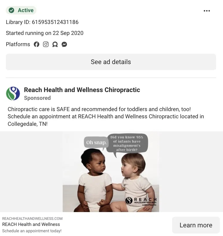 Facebook ad from Reach Health and Wellness Chiropractic featuring two babies with speech bubbles about infant misalignment.