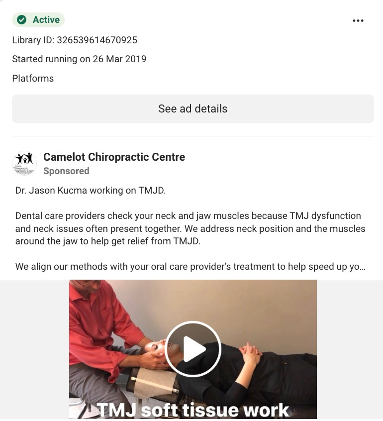 Facebook video ad from Camelot Chiropractic showing a practitioner performing TMJ soft tissue work on a patient.