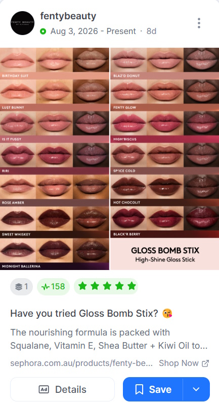 Fenty Beauty Meta ad displaying a grid of thirteen Gloss Bomb Stix shades shown on lips with shade names.