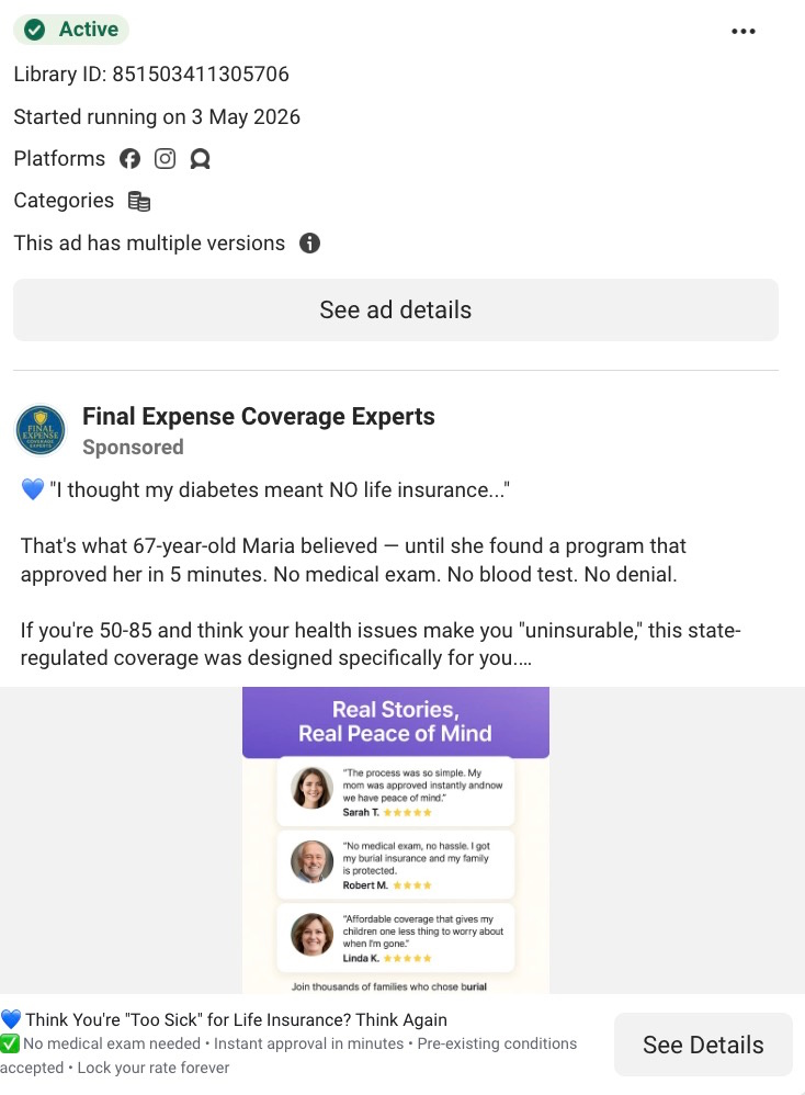 Final Expense Coverage Experts sponsored Meta ad featuring customer testimonials and star ratings for burial insurance. 