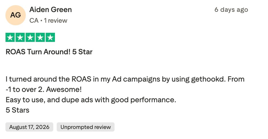 Five-star Trustpilot review from Aiden Green praising GetHookd for improving ROAS in ad campaigns.