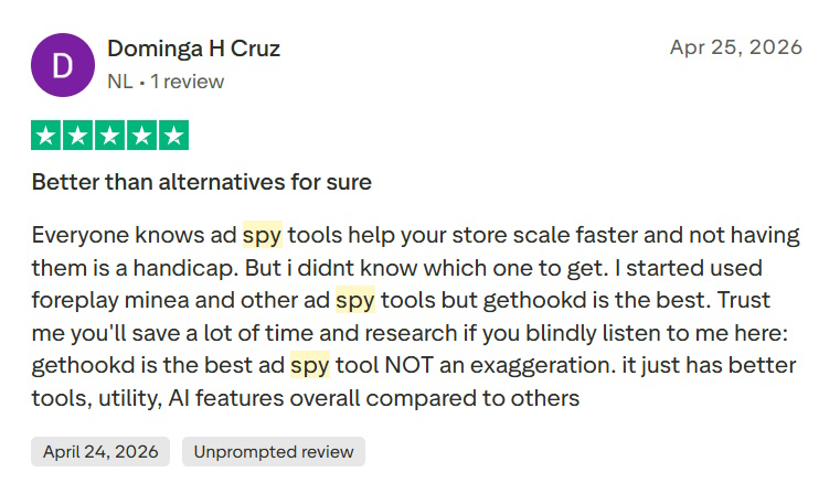 Five-star Trustpilot review from Dominga H Cruz calling GetHookd the best ad spy tool available.