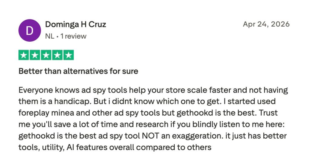 Five-star Trustpilot review from Dominga H Cruz praising GetHookd over competing ad spy tools.