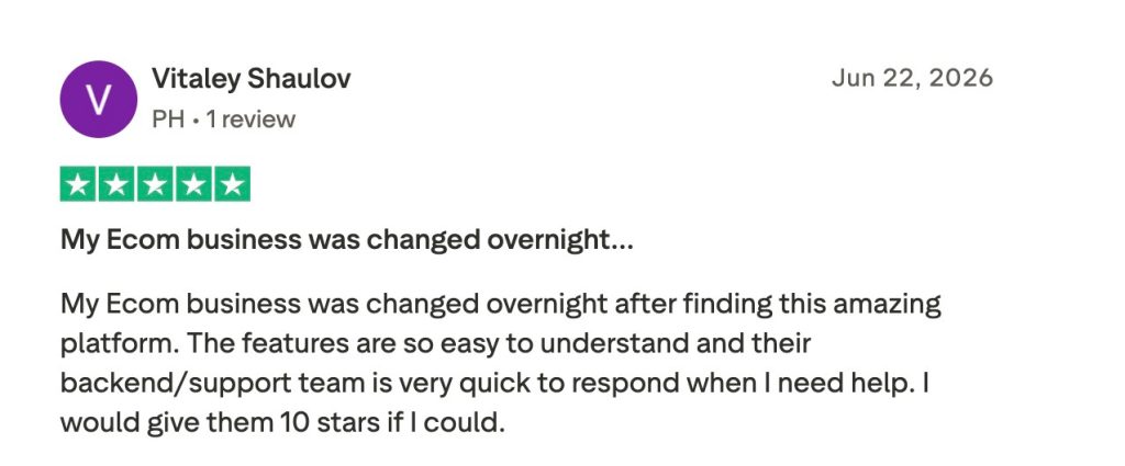 Five-star Trustpilot review from an ecommerce user crediting GetHookd for overnight business transformation.