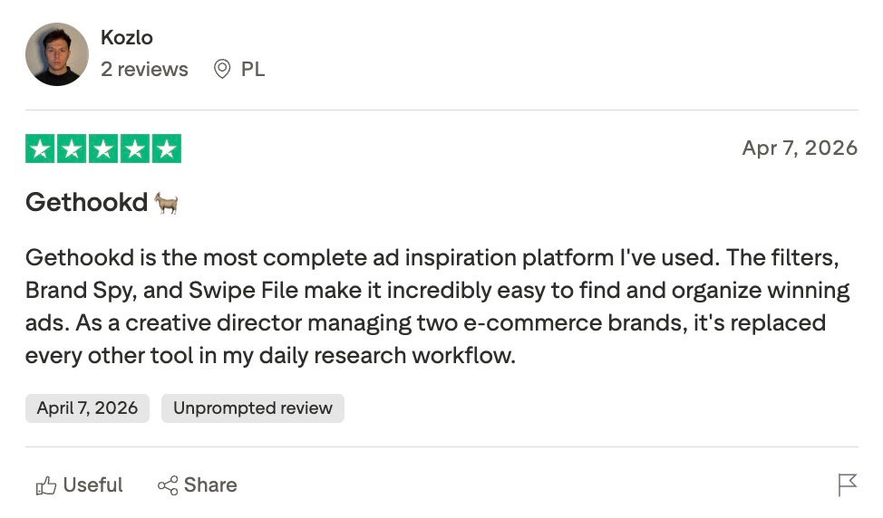 Five-star Trustpilot review of GetHookd from Kozlo, calling it the most complete ad inspiration platform and crediting the filters, Brand Spy, and Swipe File.
