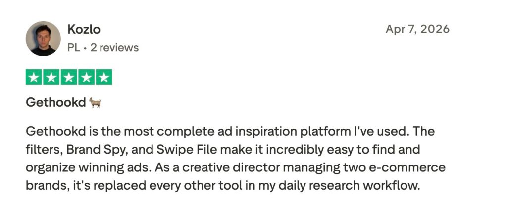 Five-star Trustpilot review of GetHookd praising its filters, Brand Spy, and Swipe File features.