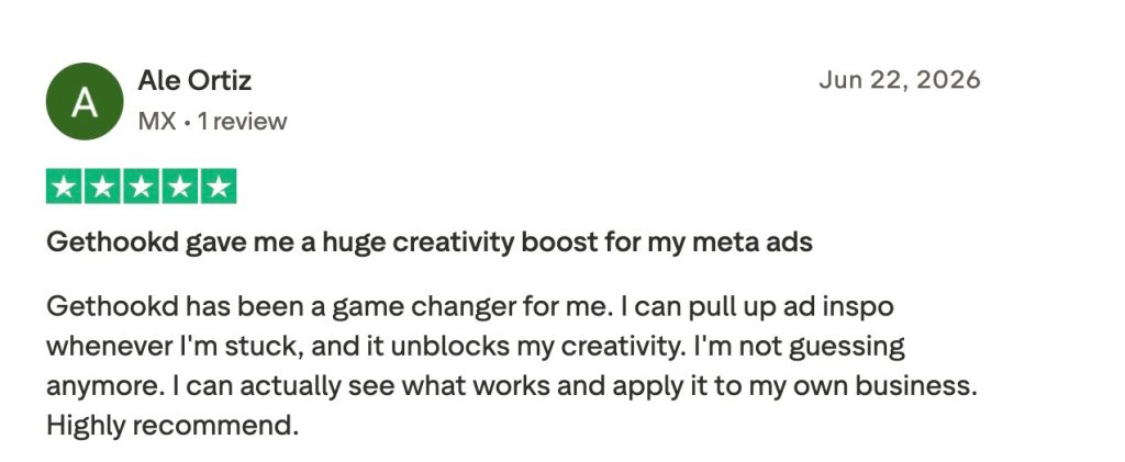 Five-star Trustpilot review praising GetHookd for boosting Meta ad creativity and inspiration.