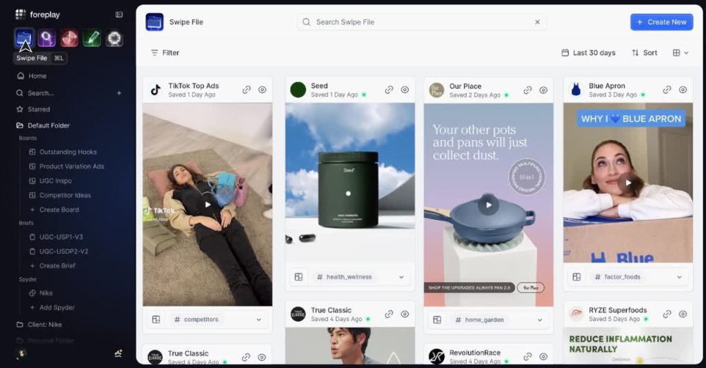 Foreplay Swipe File dashboard displaying saved ads from brands like Seed, Our Place, and Blue Apron with category tags.