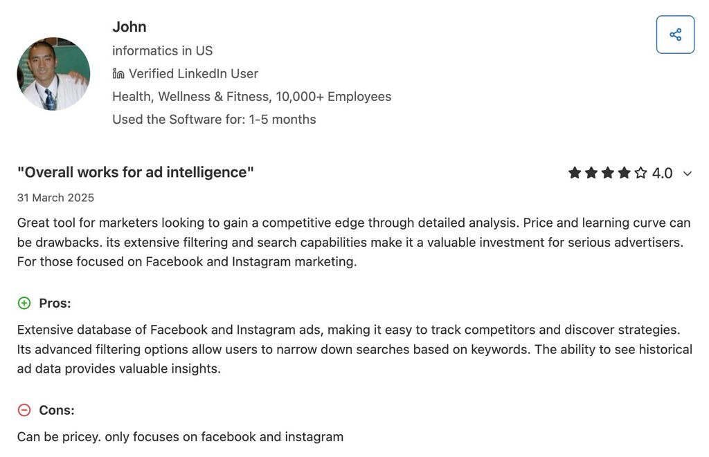 Four-star Capterra review from verified user John praising AdSpy's ad intelligence filtering and search capabilities.