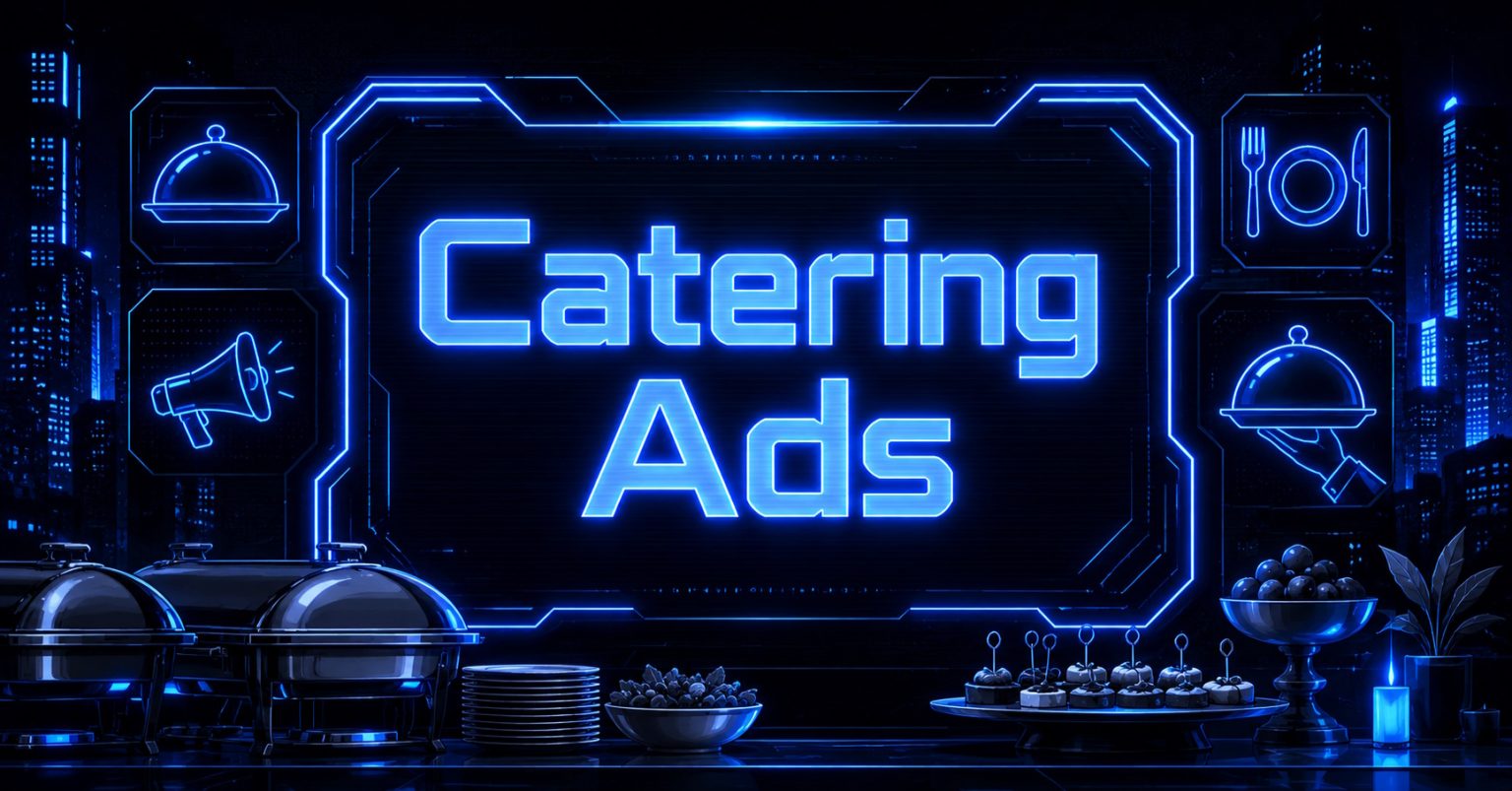 Futuristic neon blue "Catering Ads" display with food service icons and buffet setup.
