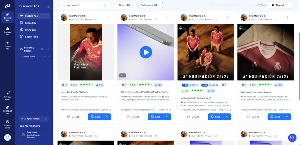GetHookd Explore Ads dashboard showing Real Madrid ads with their Ad Performance Scores.