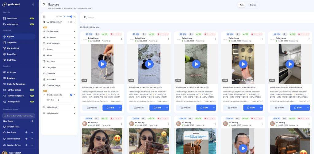 GetHookd Explore dashboard displaying a searchable grid of active video ads with sidebar filters.