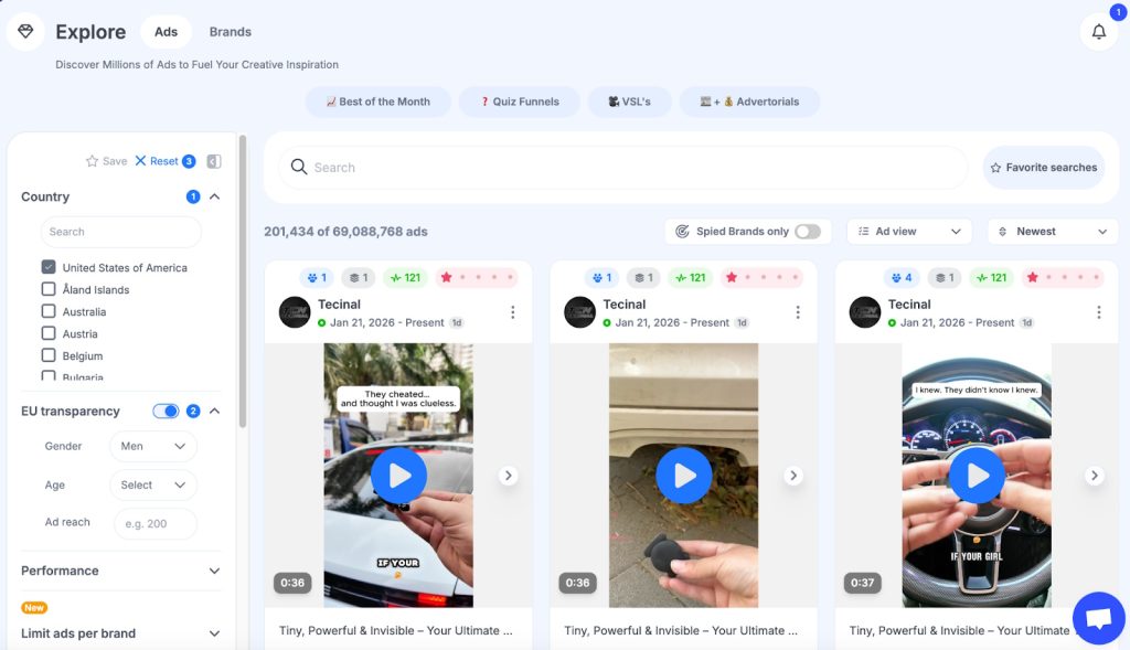 GetHookd Explore dashboard showing filtered ad results with country, gender, and performance filters applied.