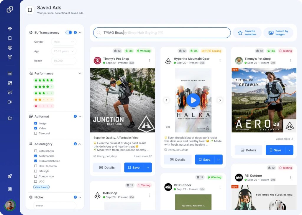 GetHookd dashboard displaying saved ads with filters for performance, format, and ad category.