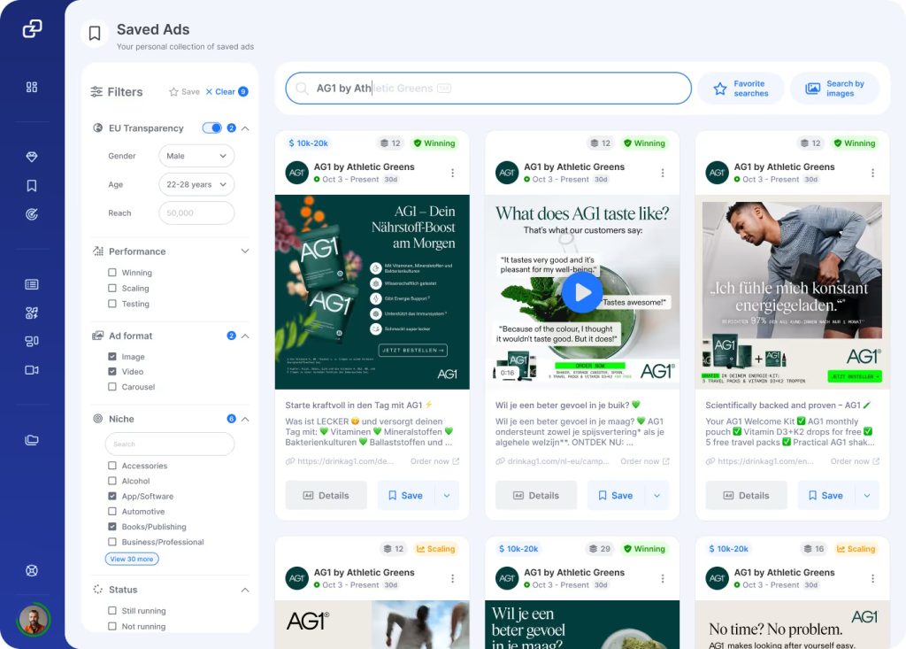 GetHookd dashboard showing saved AG1 competitor ads filtered by niche, format, and scaling status.