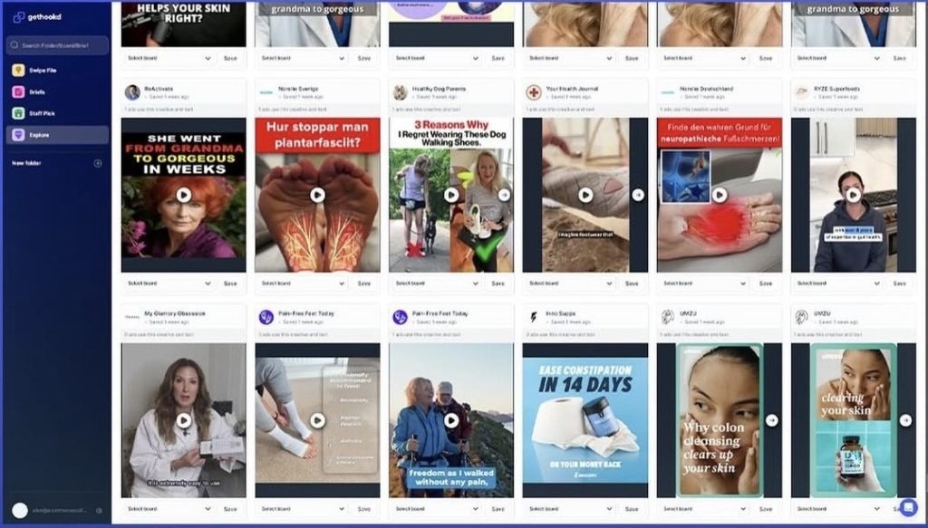 GetHookd platform dashboard displaying a grid of competitor ad creatives across health and wellness niches.