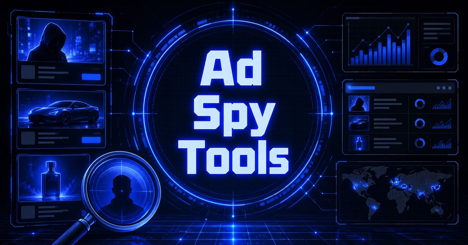 Graphic displaying "Ad Spy Tools" surrounded by analytics dashboards, ad previews, and a magnifying glass.