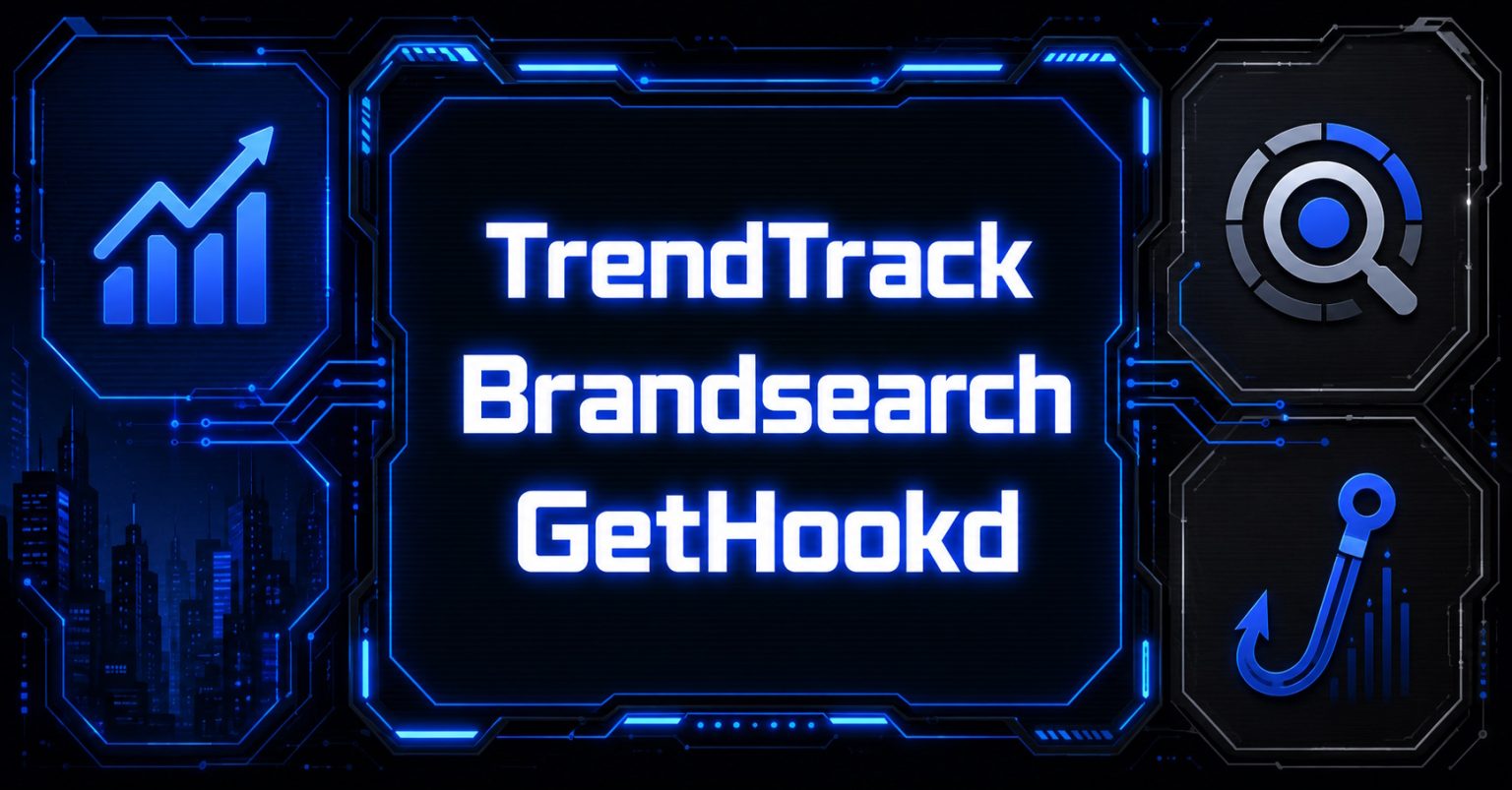 Graphic displaying TrendTrack, Brandsearch, and GetHookd with trend chart, target, and hook icons.