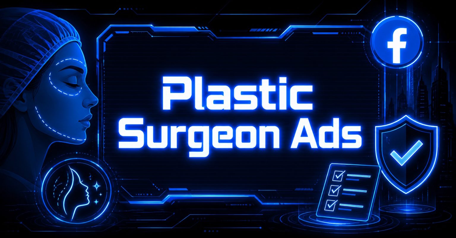 Graphic featuring a woman's profile with surgical markings, Facebook icon, and "Plastic Surgeon Ads" text.