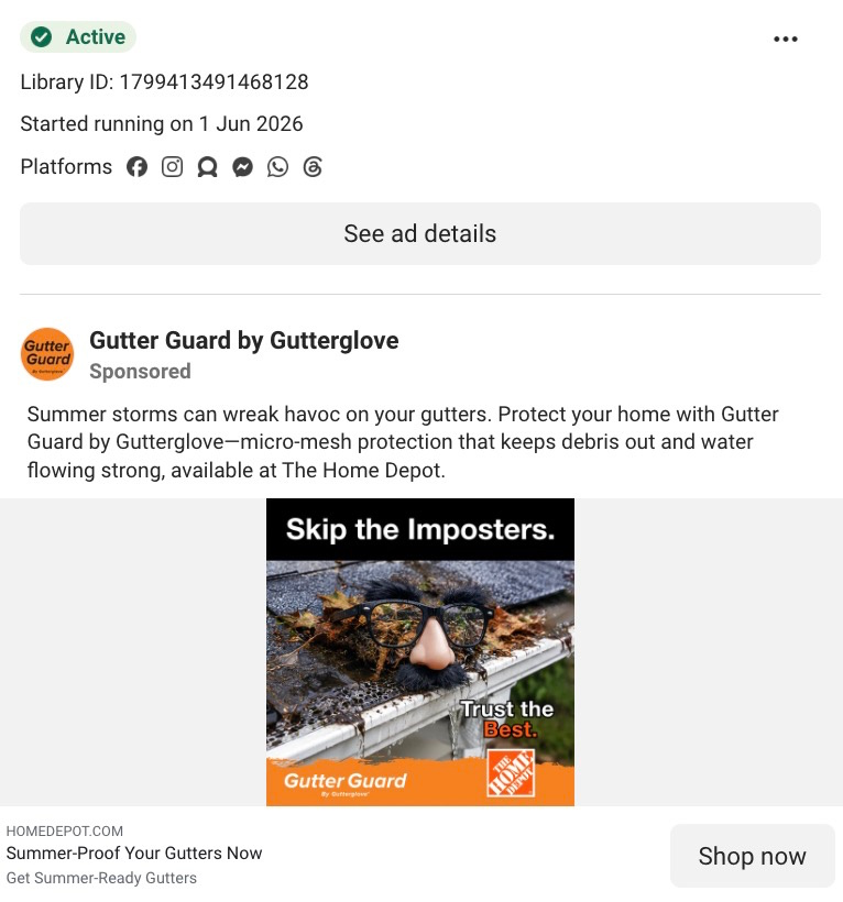 Gutter Guard by Gutterglove Facebook ad with "Skip the Imposters" headline showing debris-filled gutter. 