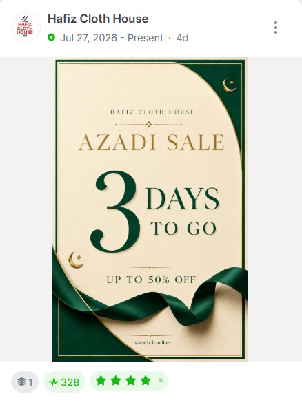 Hafiz Cloth House typography-only ad on a cream and green background announcing an Azadi Sale with an oversized 3 Days to Go headline and Up to 50% Off.