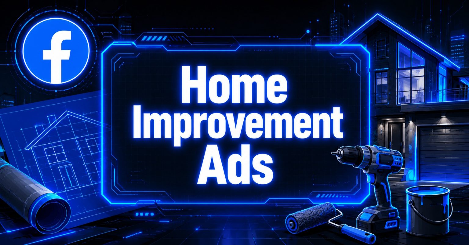 Home Improvement Ads graphic with Facebook logo, house blueprint, power drill, paint roller, and paint can.