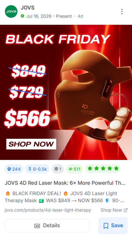 JOVS Black Friday ad on a red background showing a gold 4D laser therapy mask with prices dropping from $849 to $566.
