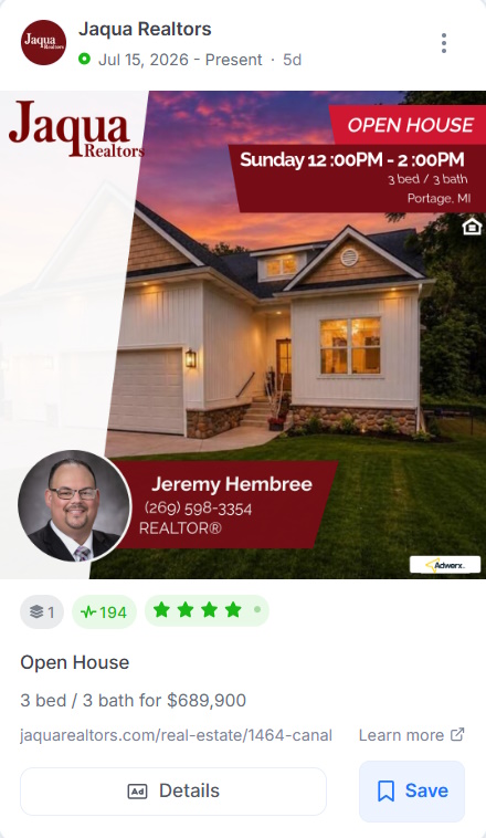 Jaqua Realtors Open House ad with the date, time, bed and bath count, and the agent's contact details.